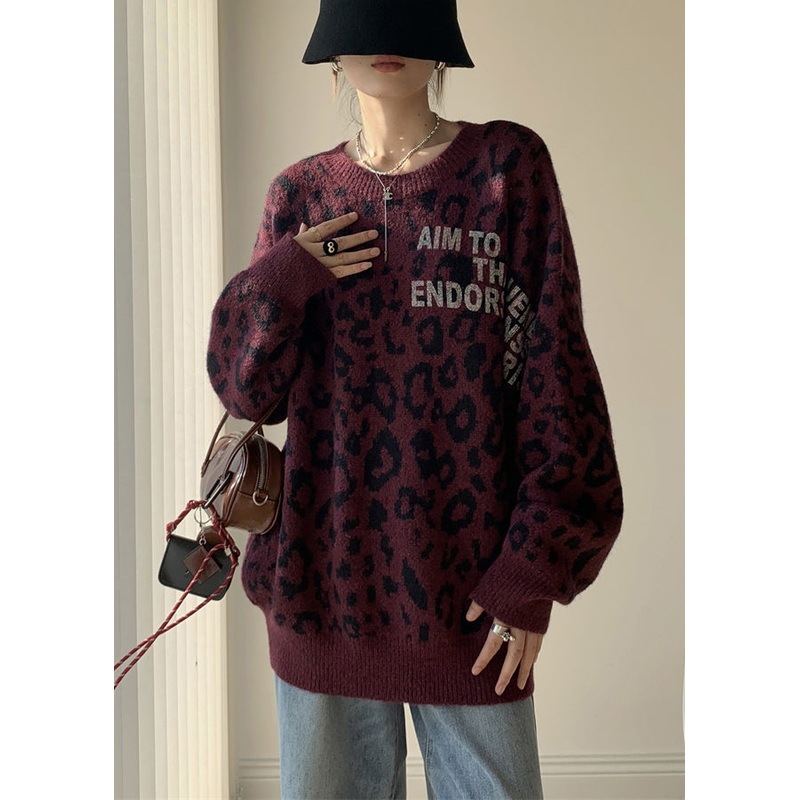 Dark Purple Letter Loose Knit Sweaters O Neck Winter