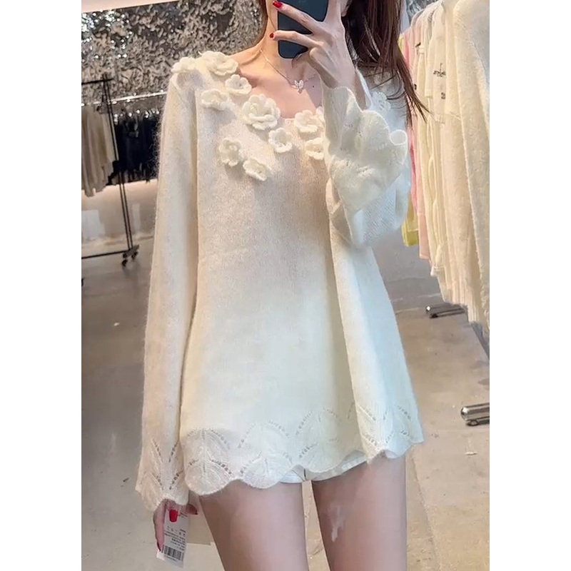Floral Beige Hollow Out Solid Knit Sweater Winter