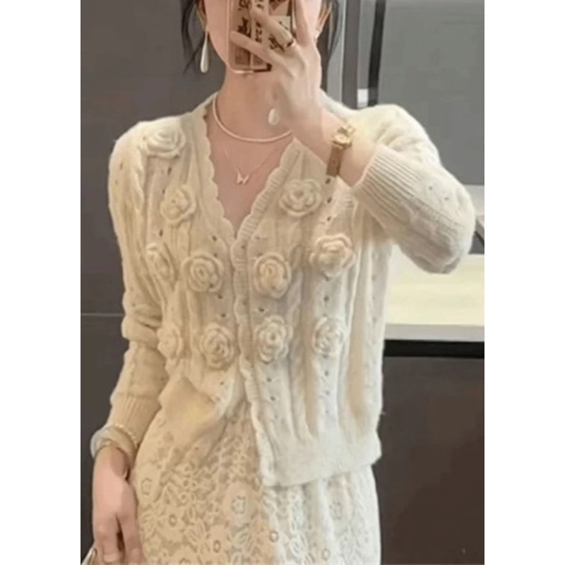 Floral Beige V Neck Hollow Out Knit Cardigans Winter