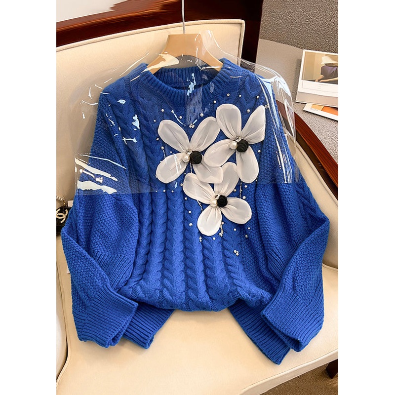 Floral Blue O Neck Nail Bead Knit Sweater Winter