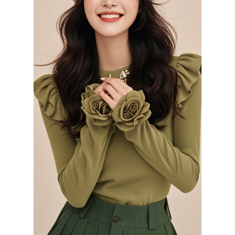 Floral Green O-Neck Solid Cotton T Shirts Winter