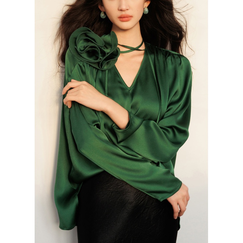 Floral Green V Neck Lace Up Silk Blouses Fall