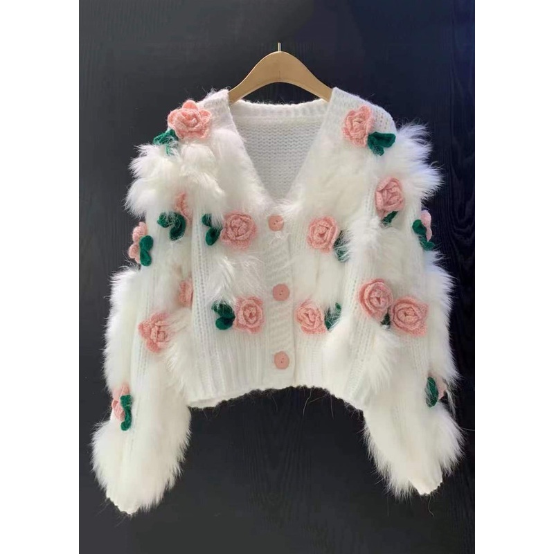 Floral Pink V Neck Button Patchwork Knit Cardigan Winter