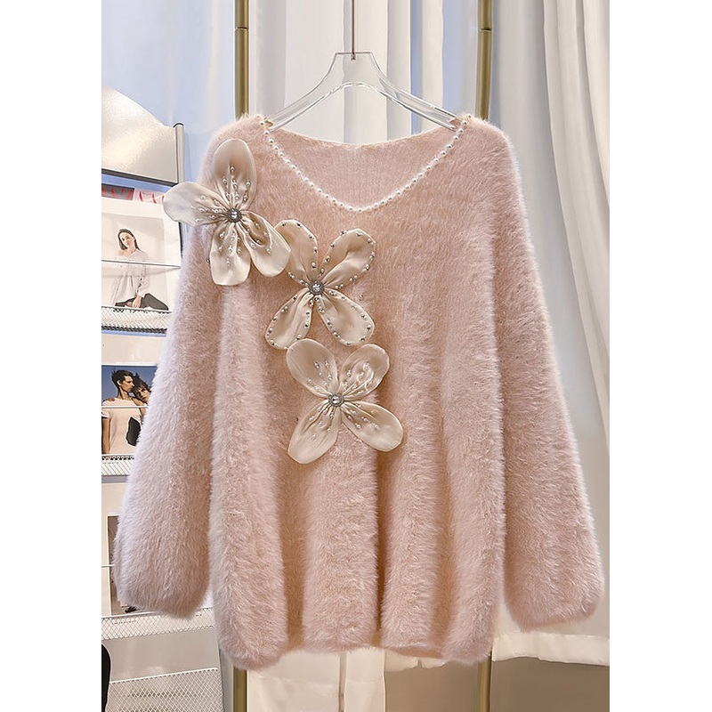 Floral Pink V Neck Cozy Mink Hair Knitted Sweater Winter