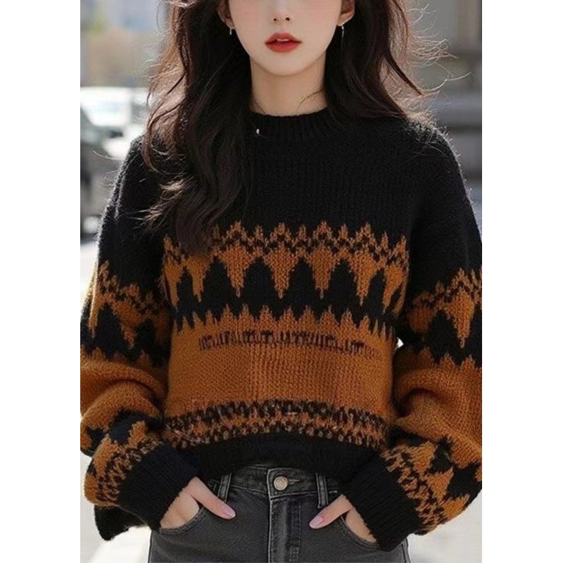 French Black O Neck Cozy Patchwork Wool Knit Sweater Winter