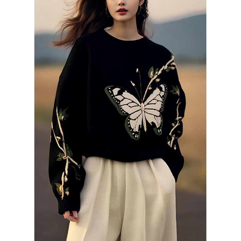 French Black Print Cozy Knit Sweaters Pullover Winter