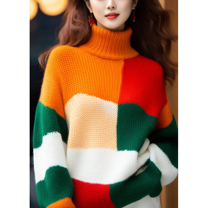 French Colorblock Turtleneck Cozy Knit Sweater Winter