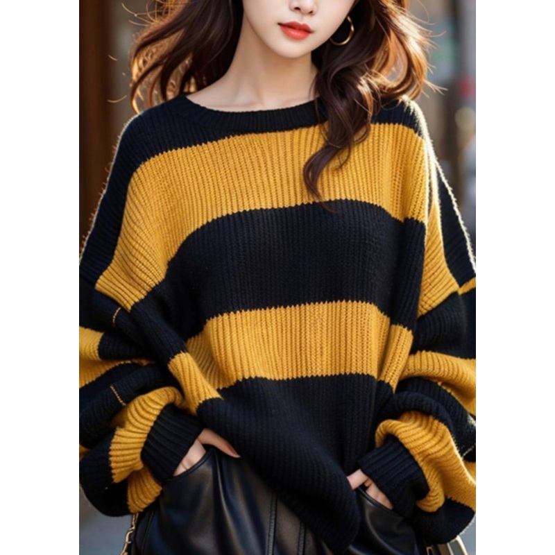 French Yellow O Neck Striped Cozy Knit Sweaters Winter