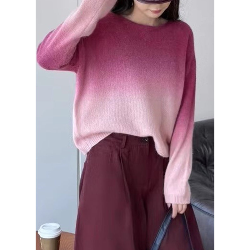 Gradient Color Pink O-Neck Cotton Knit Sweaters Winter