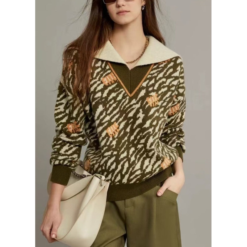 Jacquard Army Green Sailor Collar Cozy Knit Sweater Winter