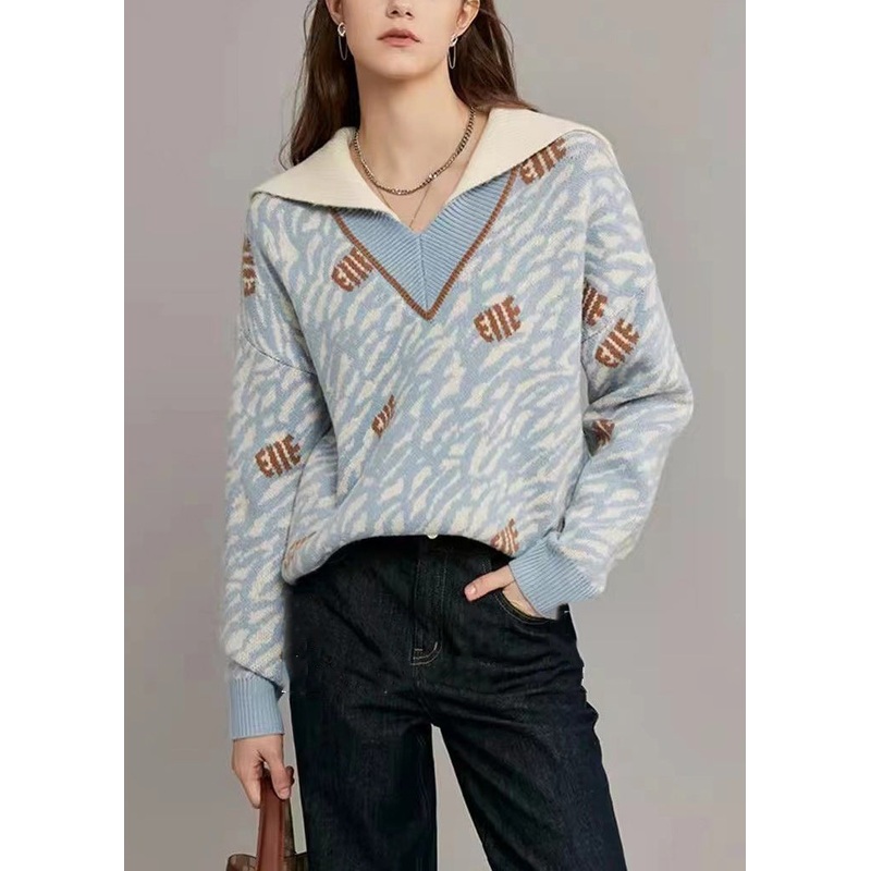 Light Blue Original Design Knit Sweaters Sailor Collar Winter