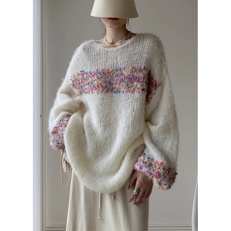 Loose Beige O Neck Hollow Out Knit Sweaters Winter