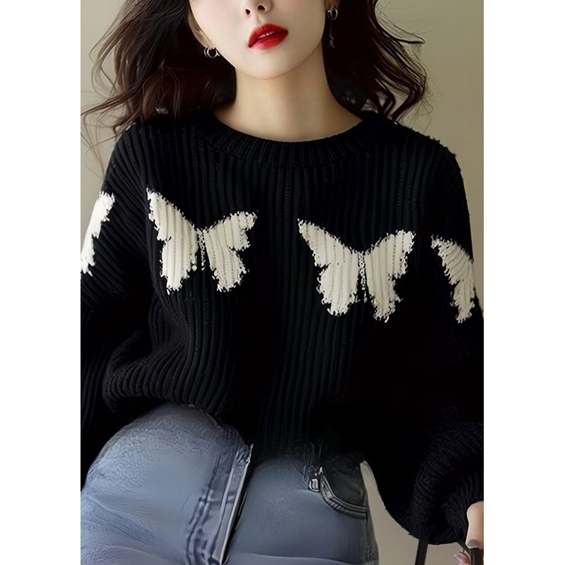 Loose Black Butterfly Print Knit Sweater Winter