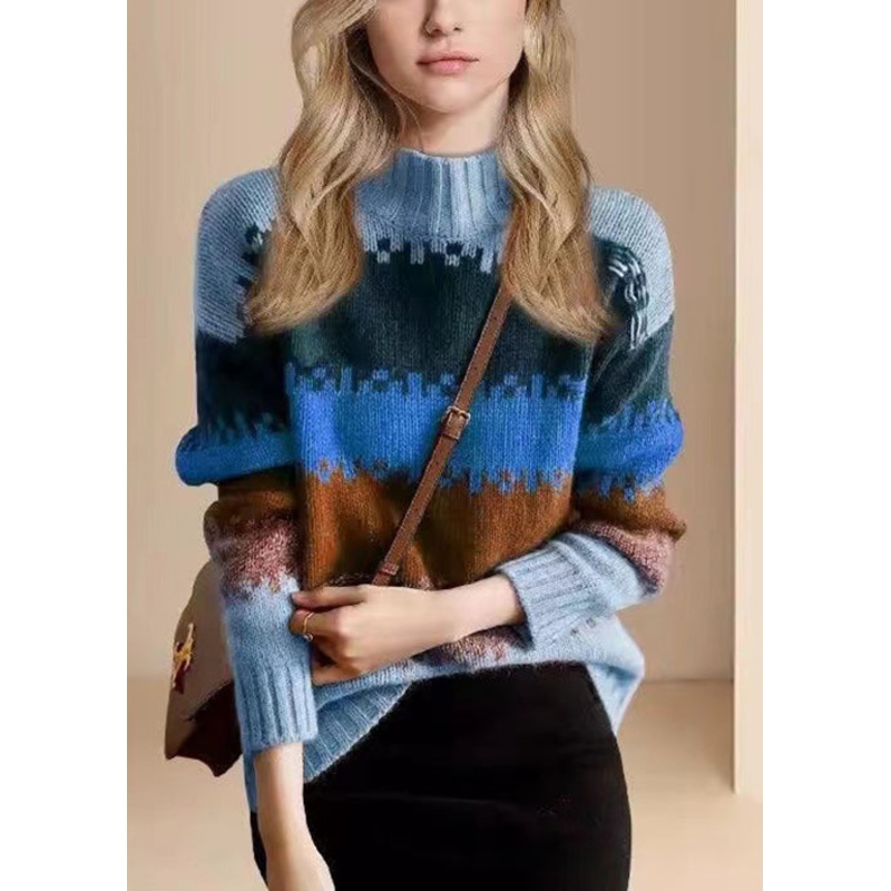 Loose Blue O Neck Thick Patchwork Knit Sweater Winter