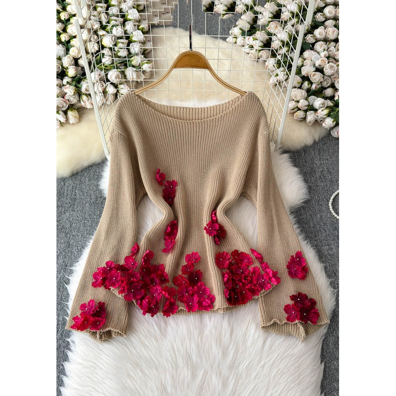 Loose Khaki Floral Patchwork Knit Pullover Sweater Flare Sleeve