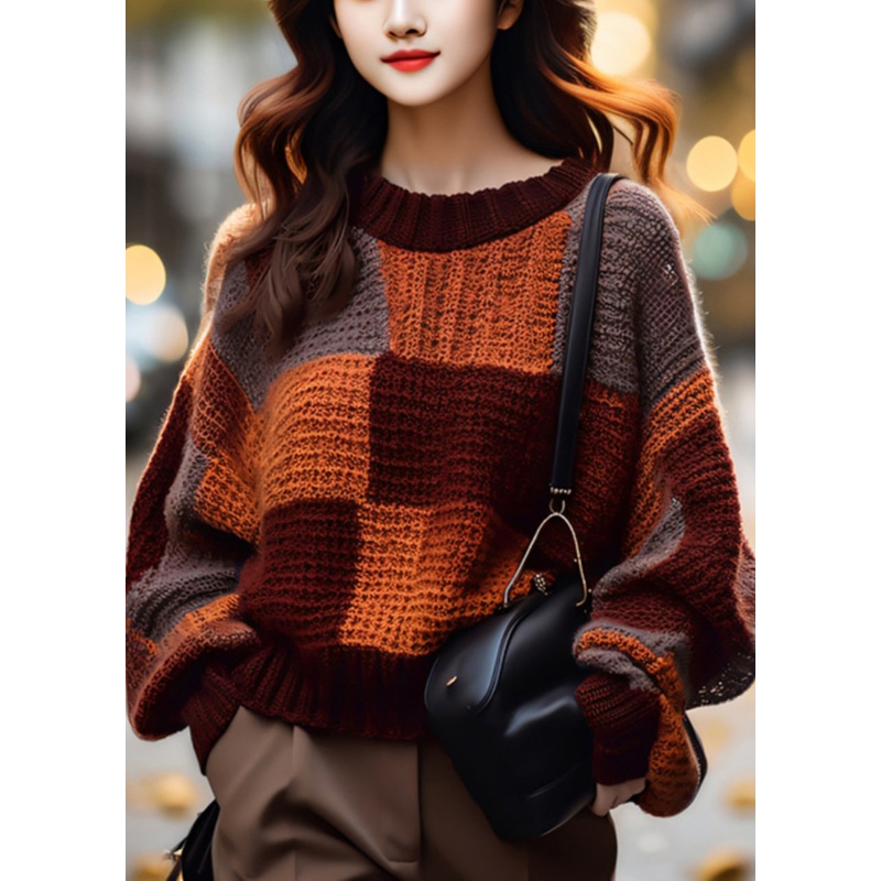Loose Plaid O Neck Cozy Patchwork Knit Sweater Winter
