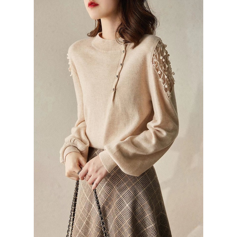 New Apricot O Neck Hollow Out Knit Sweaters Winter