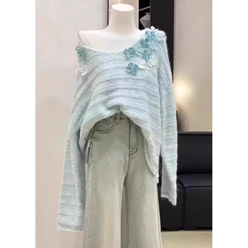 New Light Blue Cold Shoulder Floral Knit Sweaters Winter