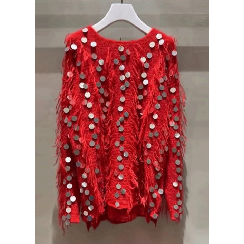 New Red Tasseled Sequins Knit Sweaters Winter