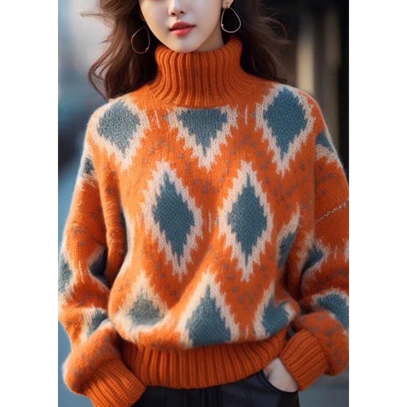 Original Orange Turtleneck Plaid Thick Knit Sweaters Winter