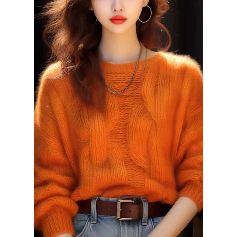 Simple Orange O Neck Cozy Knit Sweaters Winter