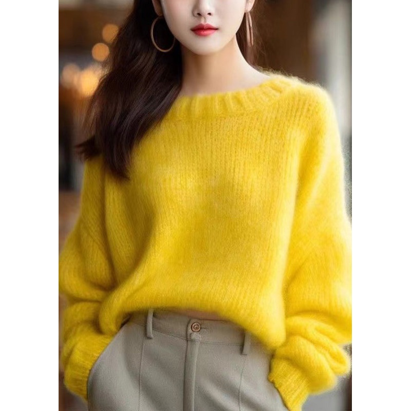 Simple Yellow O Neck Solid Knit Sweater Winter