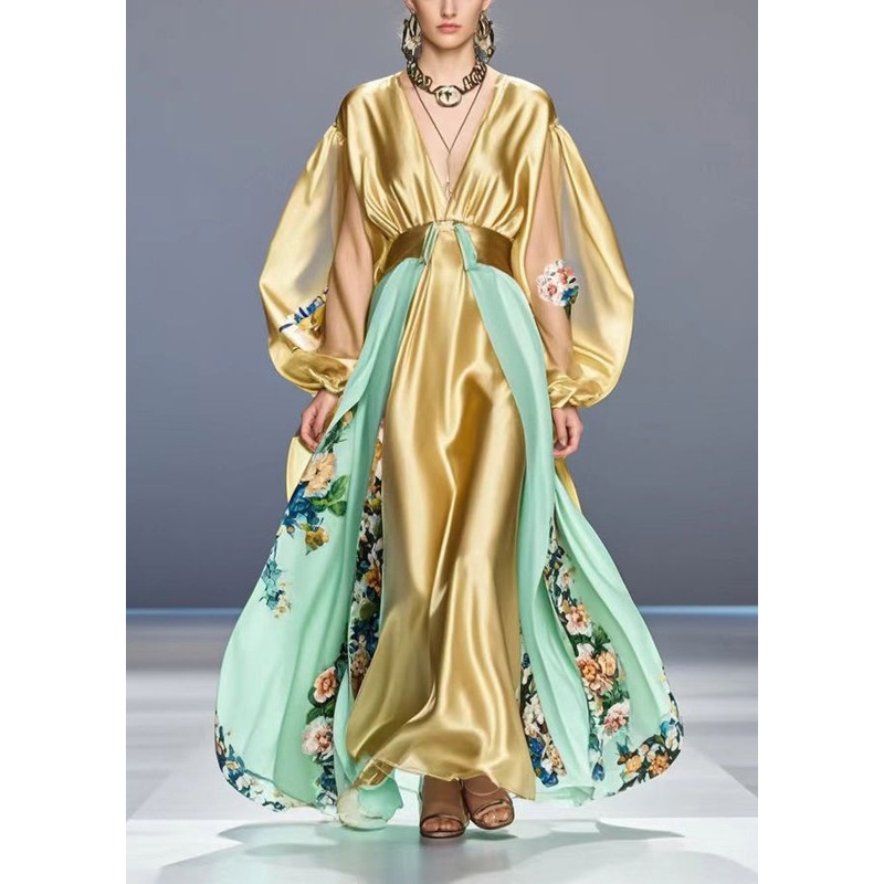Stylish Golden Print Patchwork Silk Party Dress Lantern Sleeve