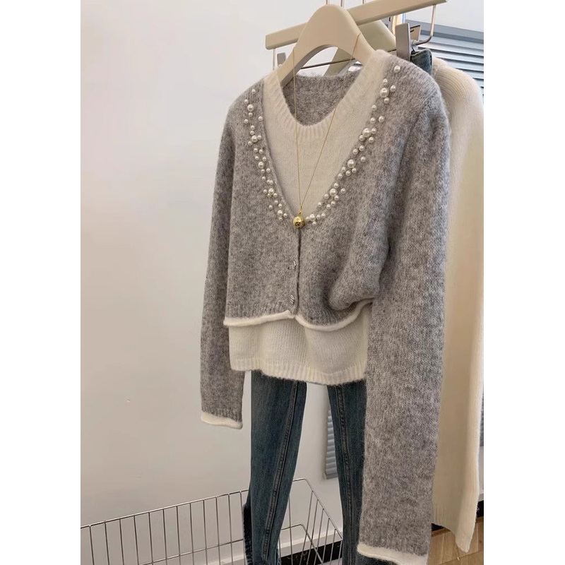 Stylish Grey Pearl False Two Pieces Knit Sweaters Winter