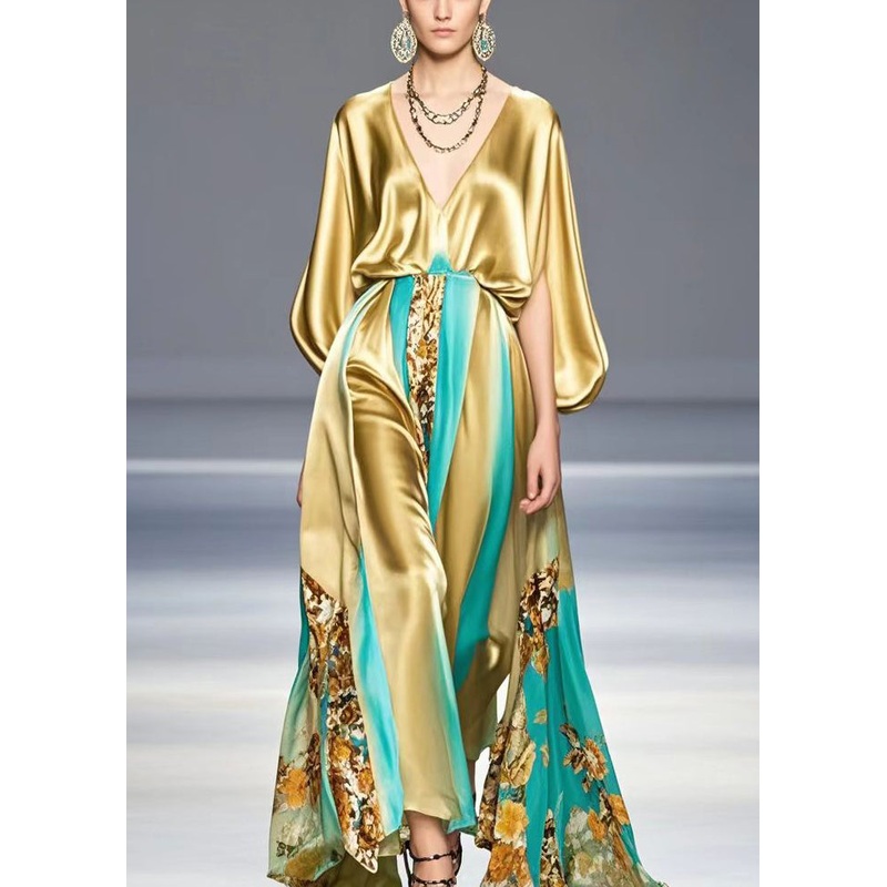 Unique Golden Print Exra Large Hem Silk Dress Summer