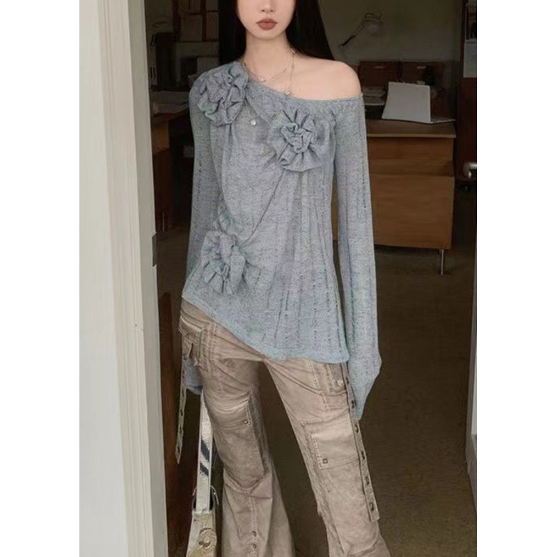 Women Blue Asymmetrical Floral Knitting Cotton Top Fall
