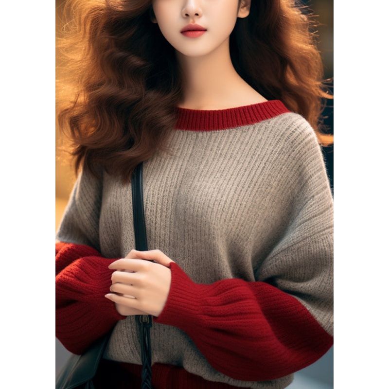 Women Camel O Neck Thick Patchwork Knit Sweaters Winter