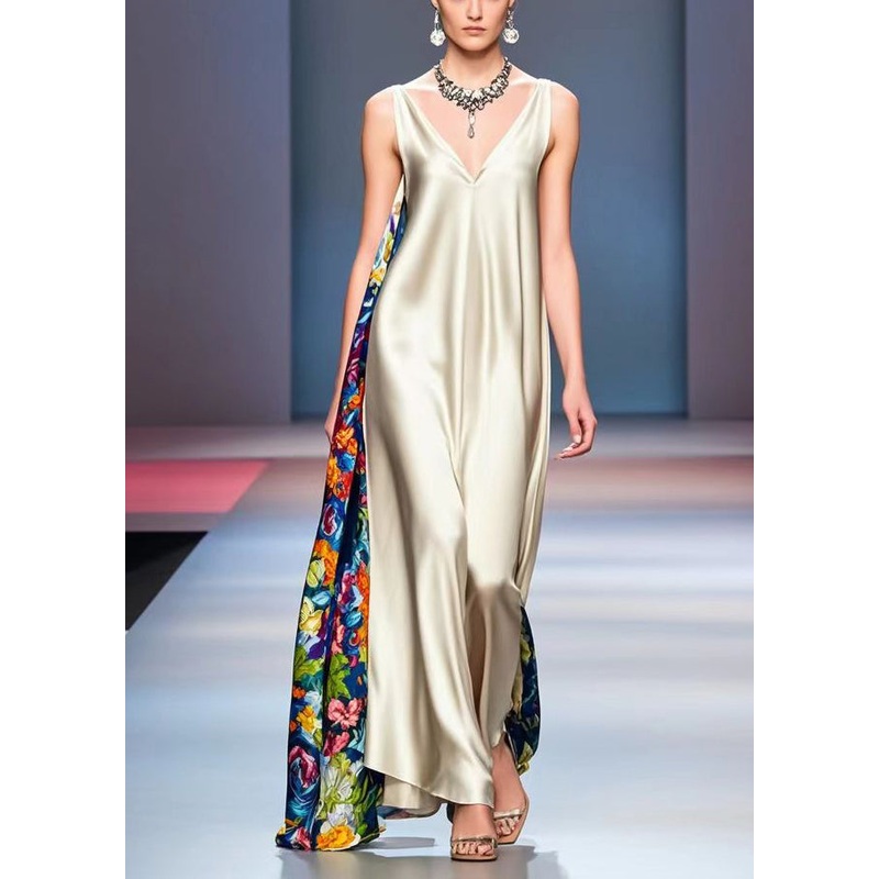 Women Champagne Asymmetrical Patchwork Print Silk Long Dress Sleeveless