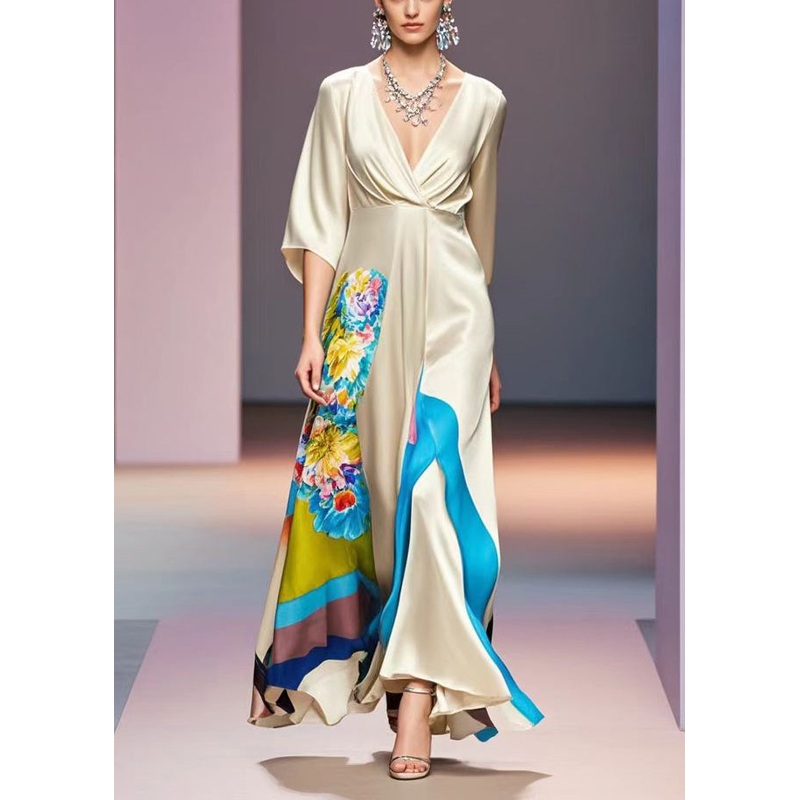 Women Champagne V Neck Print Silk Robe Dresses Bracelet Sleeve