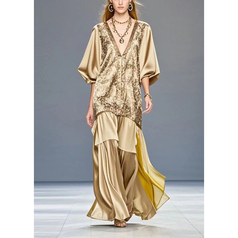 Women Golden V Neck Patchwork Print Silk Dress Summer