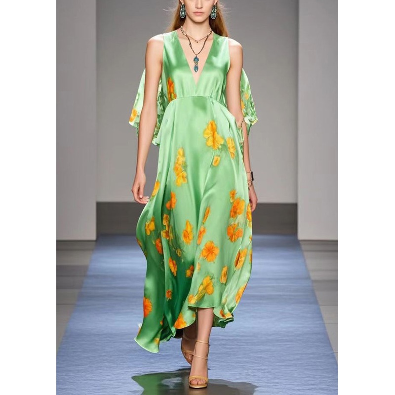 Women Green Cold Shoulder Print Silk Long Dresses Summer
