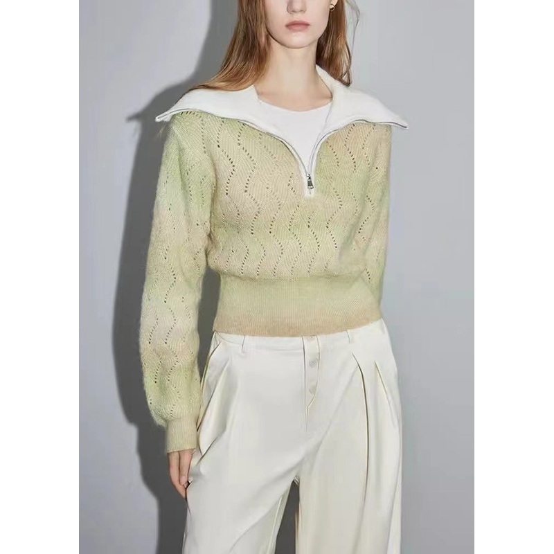 Women Green Zip Up Hollow Out Wool Knit Sweater Winter
