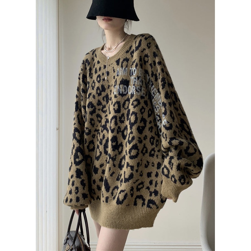 Women Khaki Leopard O Neck Cozy Knit Sweater Winter