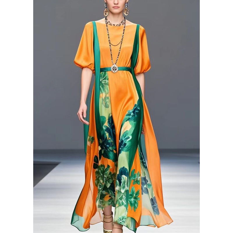 Women Orange Cinched Print Silk Ankle Dress Lantern Sleeve