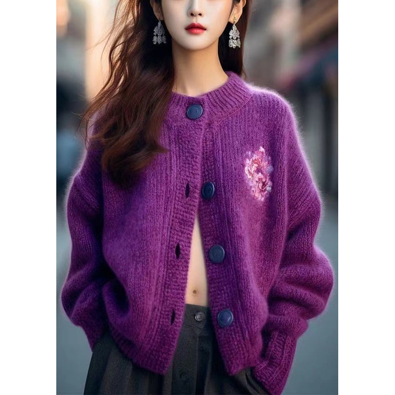 Women Purple O Neck Button Cozy Knit Cardigan Winter