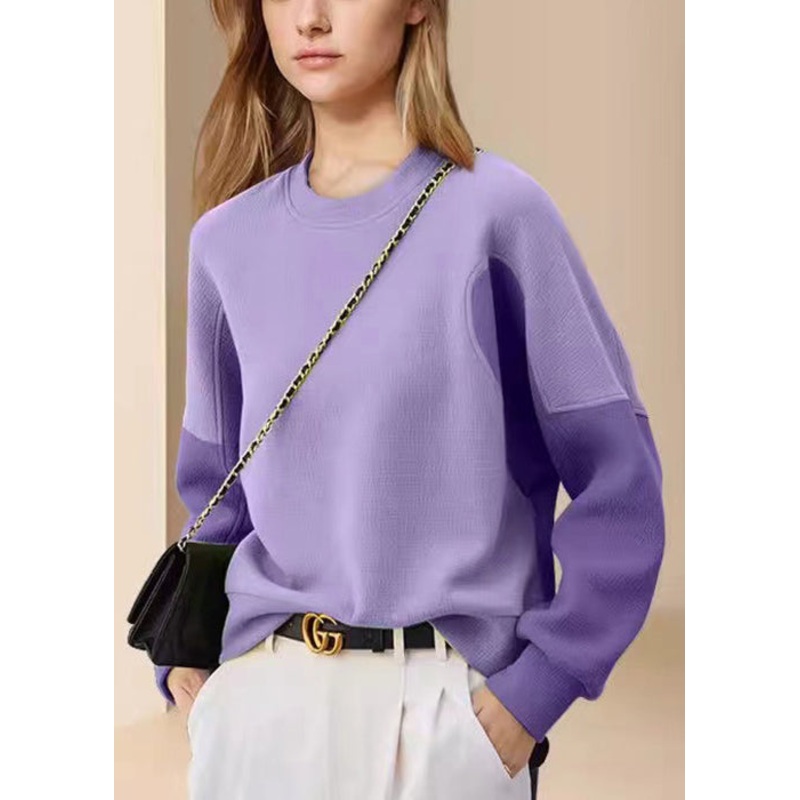 Women Purple O Neck Patchwork Cotton Sweatshirt Fall
