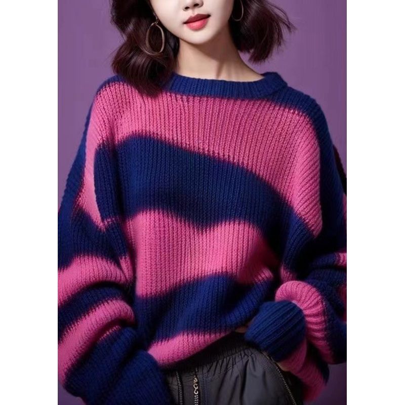 Women Purple O Neck Thick Patchwork Knit Sweater Winter