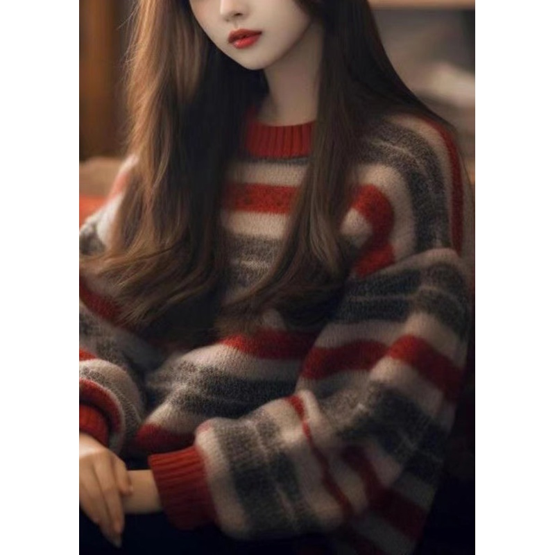 Women Striped O Neck Cozy Thick Knit Sweater Winter