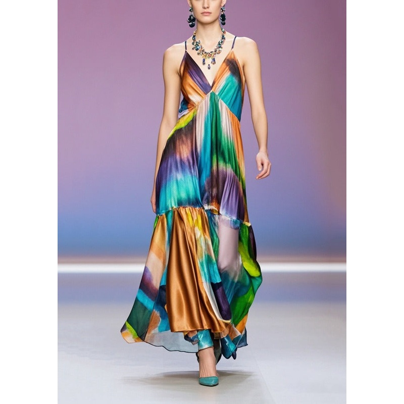 Women V Neck Print Silk Spaghetti Strap Beach Dress Summer