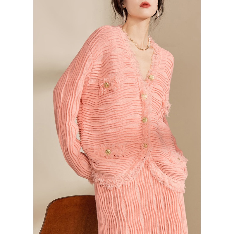 Beautiful Pink V Neck Button Tassel Knit Cardigan Fall