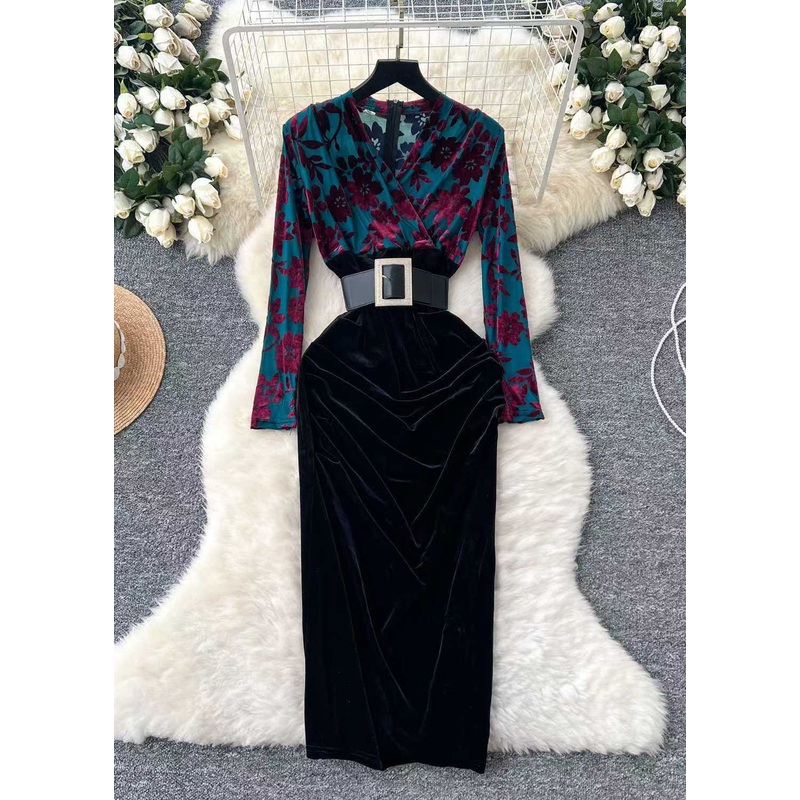 Bohemian Blue V Neck Zippered Patchwork Velour Dress Winter