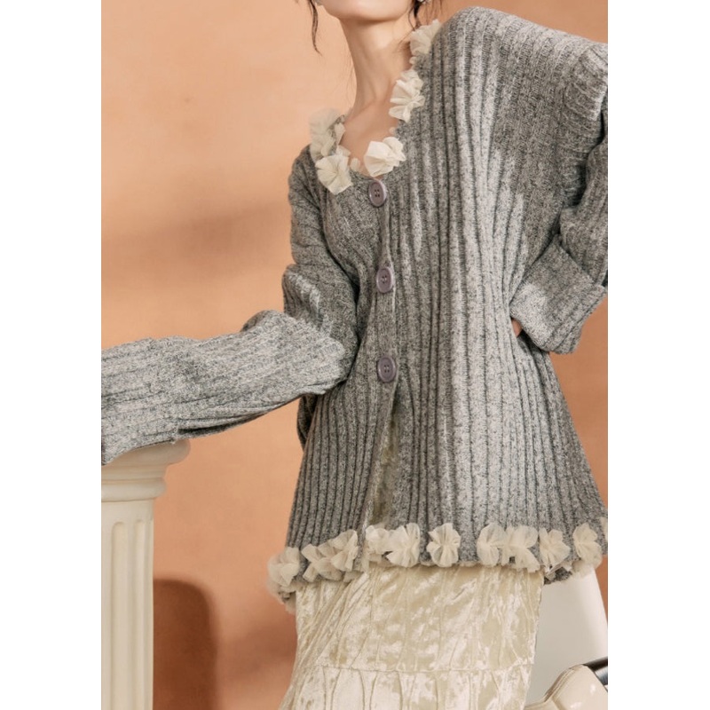 Casual Grey Button Tulle Patchwork Cotton Knit Cardigan Winter
