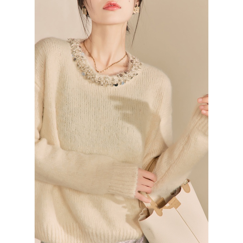 Chic Apricot O Neck Nail Bead Woolen Sweater Tops Fall