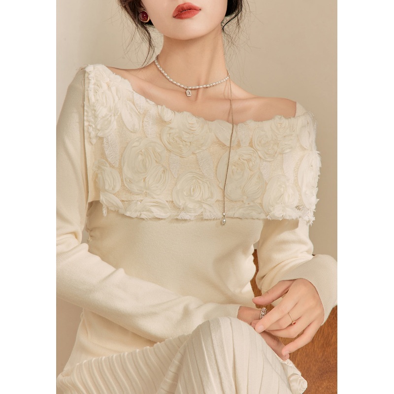 Chic White Cold Shoulder Floral Cotton Knit Sweaters Fall