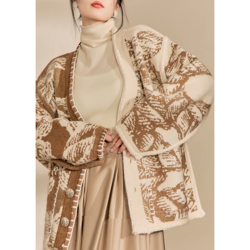 Classy Khaki V Neck Print Pockets Woolen Cardigans Fall