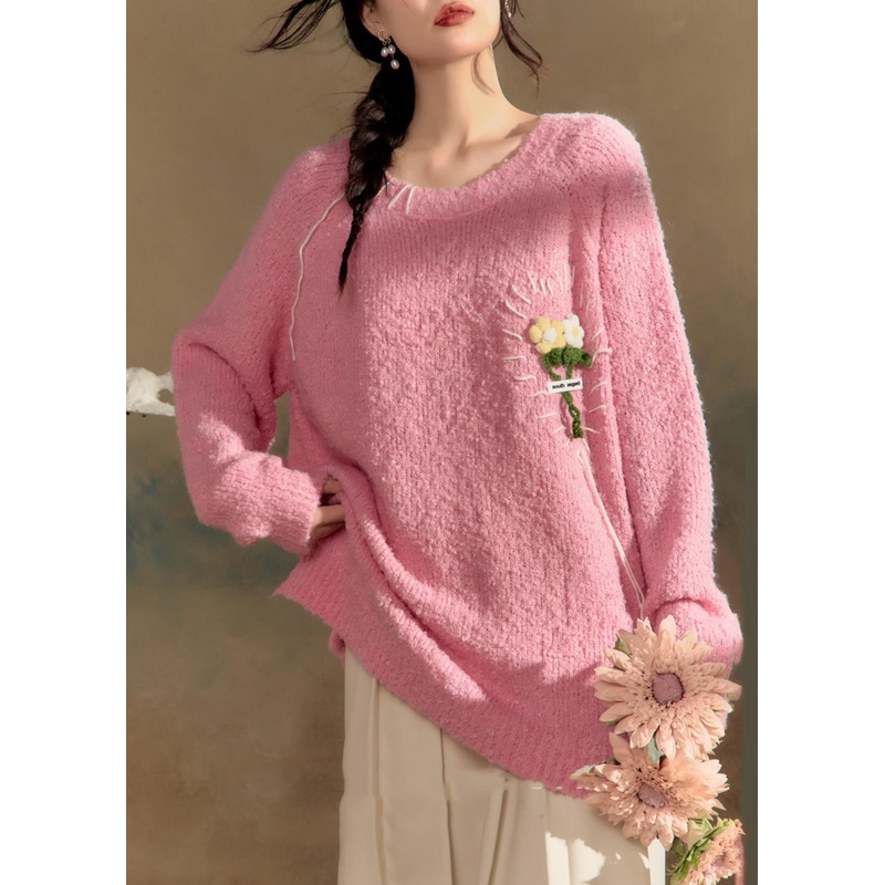 Cute Pink O-Neck Floral Cotton Knit Sweaters Winter
